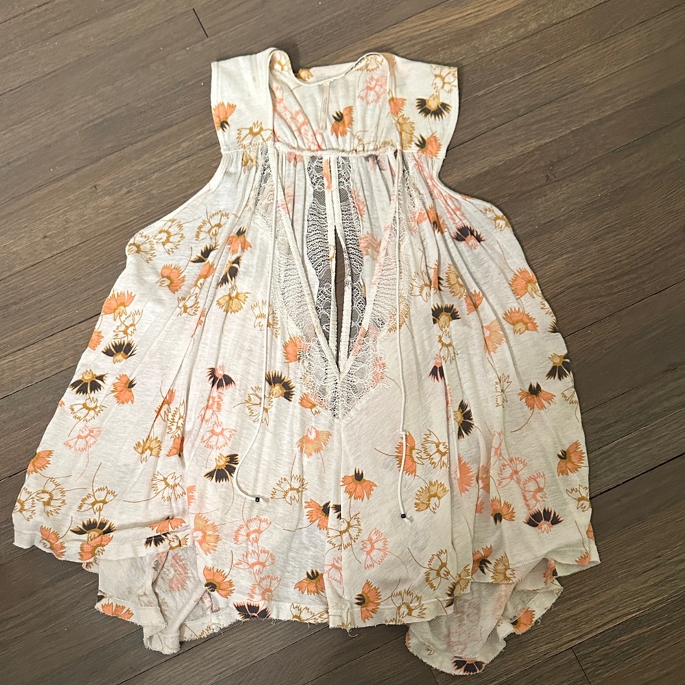 Free People Floral Lace-Up Top in Cream and Orange